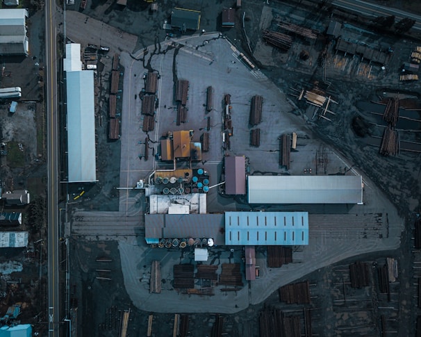 Aerial shot of a large industrial area, highlighting precise measurements with drone technology