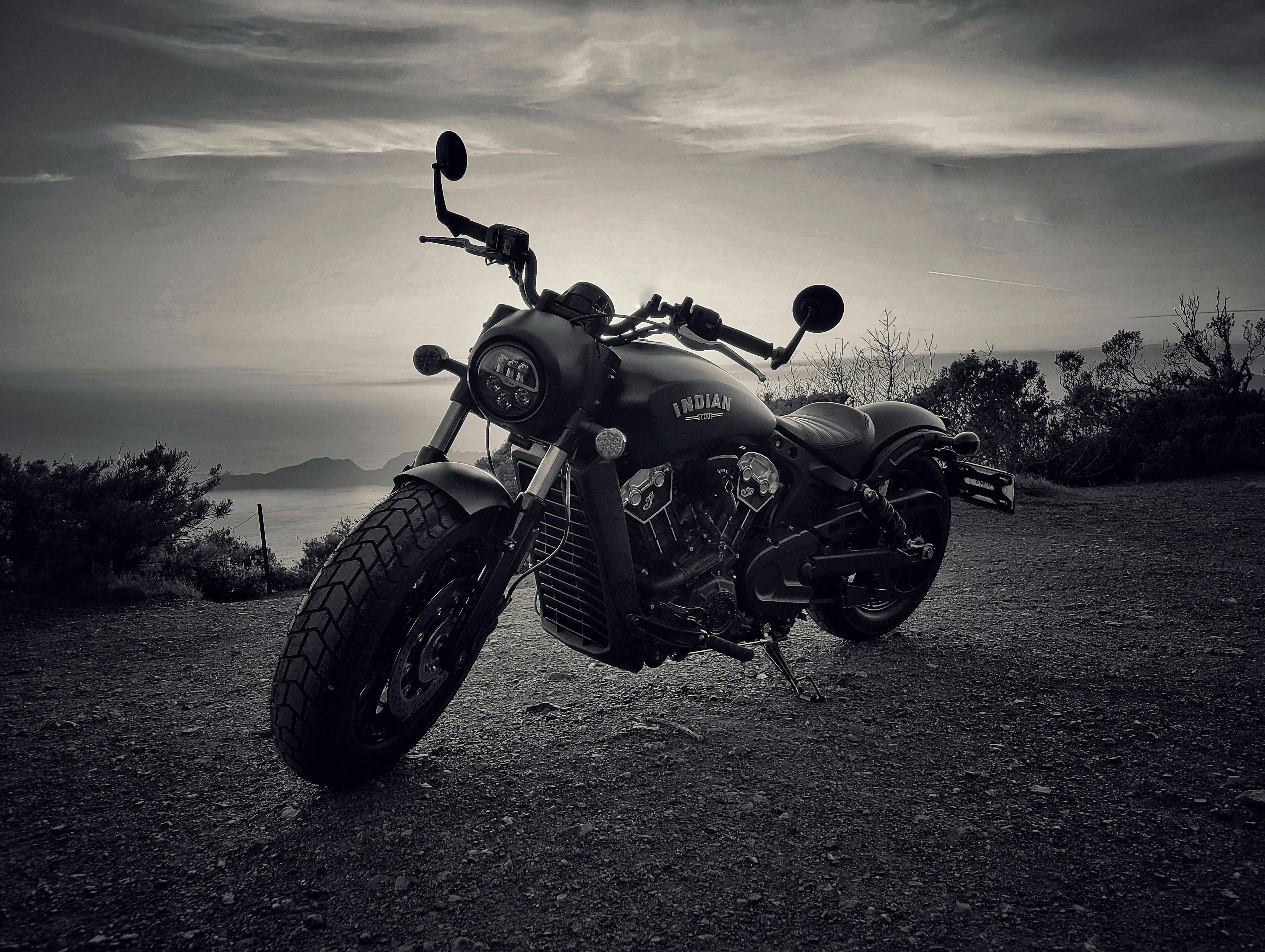 grayscale photo of cruiser motorcycle