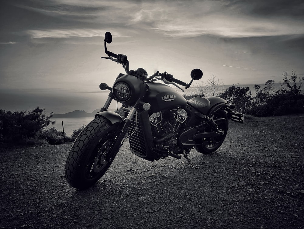 grayscale photo of cruiser motorcycle