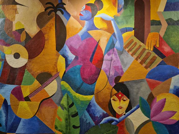 A framed print showcasing a vibrant abstract jazz scene with rich amber and gold highlights.