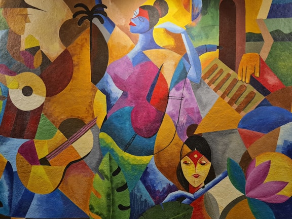 A vibrant abstract painting with a mix of geometric shapes and human forms, featuring musical instruments like a guitar and piano. The scene includes stylized figures, one prominently in blue and another with a red face paint, against a backdrop of colorful shapes.
