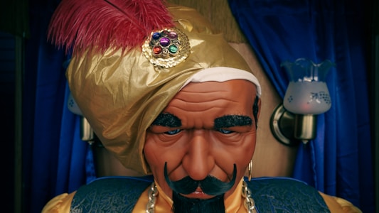 A mannequin or figure of a fortune teller, wearing a gold turban adorned with a red feather and a decorative jewel. The figure has a stern expression with thick eyebrows and a mustache. In the background, blue curtains and two lamps on the wall are visible.