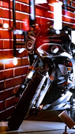 A sleek motorcycle accessory displayed on a rustic wooden table, highlighting its industrial design.