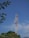 A tall communication tower stands against a clear blue sky, surrounded by a few leafy green trees. The structure is equipped with various antennas and satellite dishes, indicating its purpose for transmitting signals.