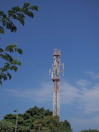 A tall communication tower stands against a clear blue sky, surrounded by a few leafy green trees. The structure is equipped with various antennas and satellite dishes, indicating its purpose for transmitting signals.
