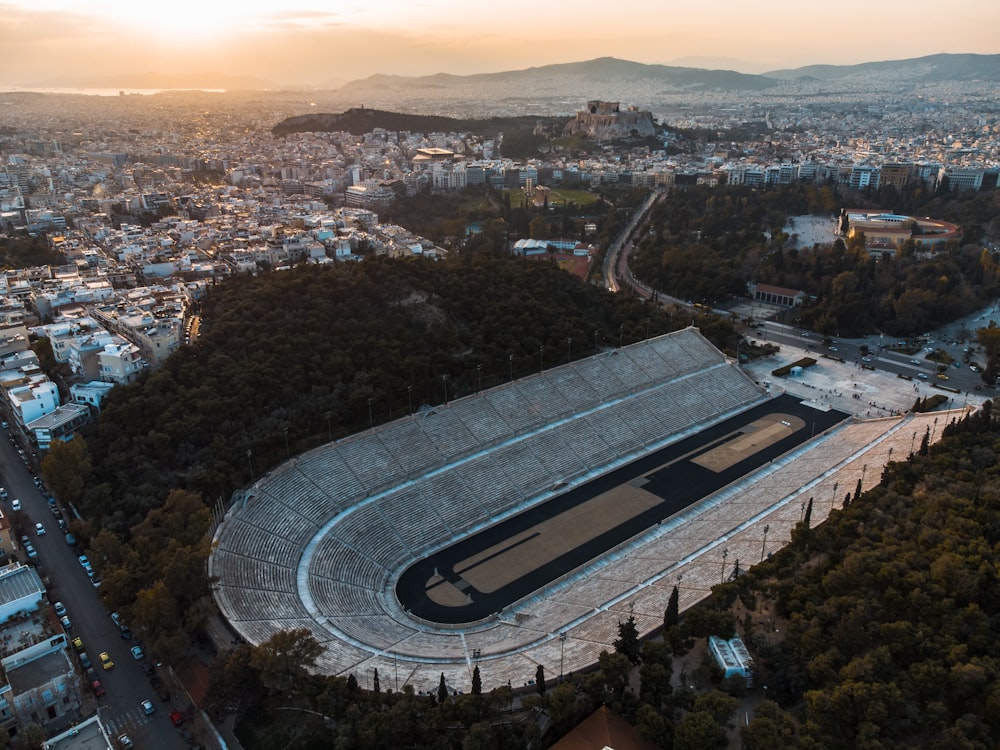 aerial view of city during sunset