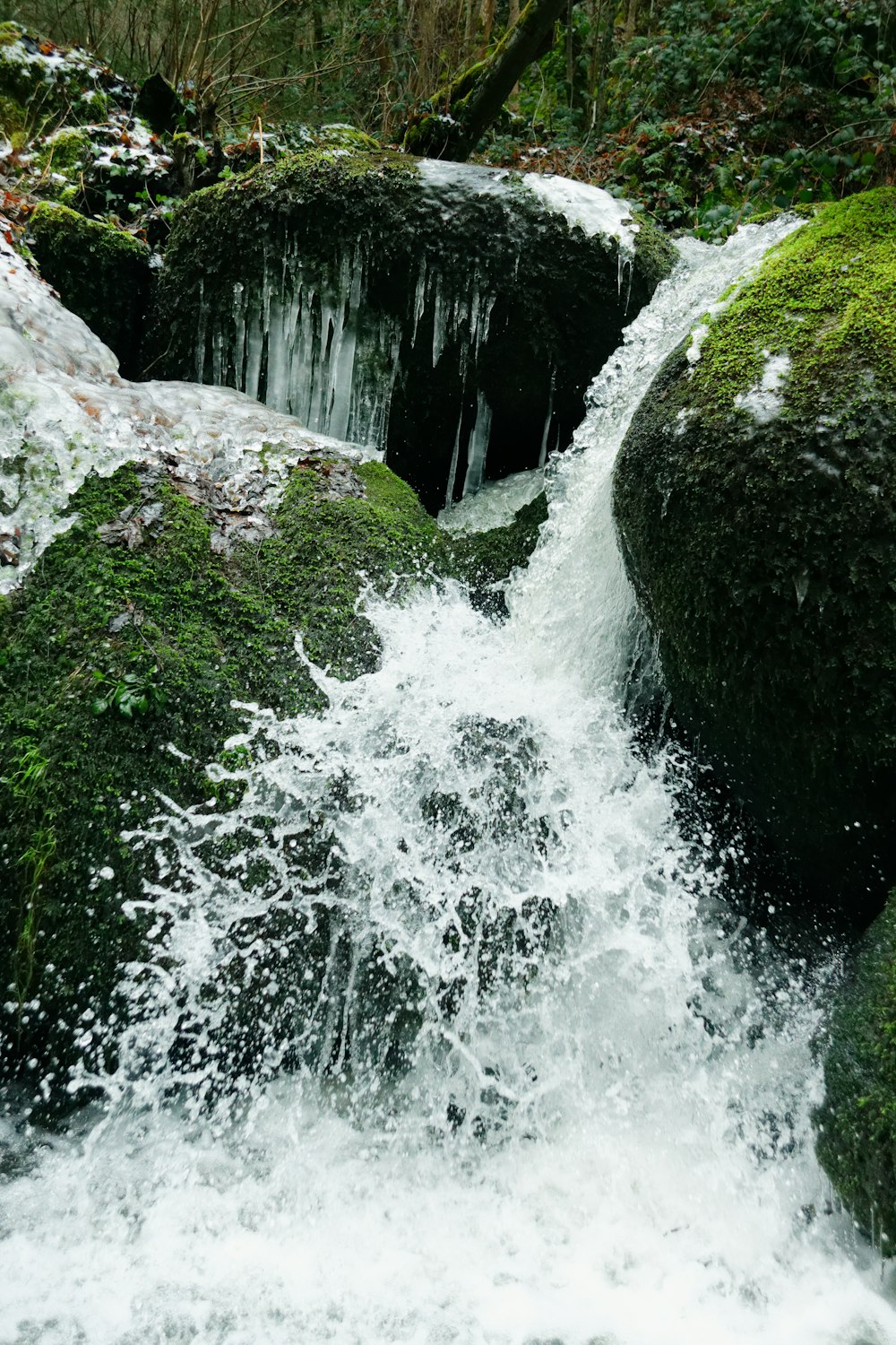 water falls on green moss covered rock