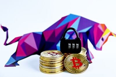A stack of gold coins featuring the Bitcoin symbol is accompanied by a black combination lock, positioned in front of a geometric, multicolored bull.
