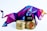A stack of gold coins featuring the Bitcoin symbol is accompanied by a black combination lock, positioned in front of a geometric, multicolored bull.