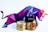 A stack of gold coins featuring the Bitcoin symbol is accompanied by a black combination lock, positioned in front of a geometric, multicolored bull.