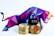 A stack of gold coins featuring the Bitcoin symbol is accompanied by a black combination lock, positioned in front of a geometric, multicolored bull.