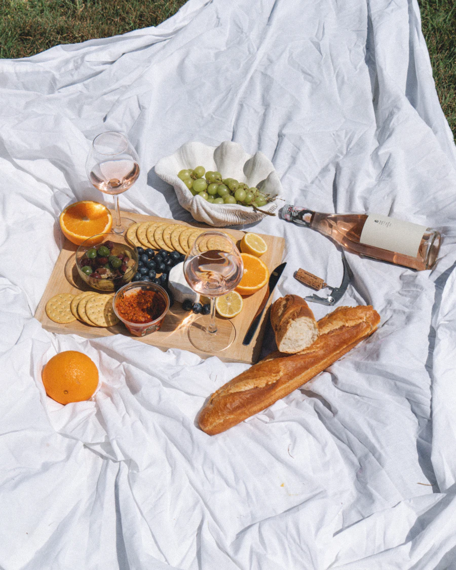 Fresh fruit and Greek meze styled on a Santorini picnic table