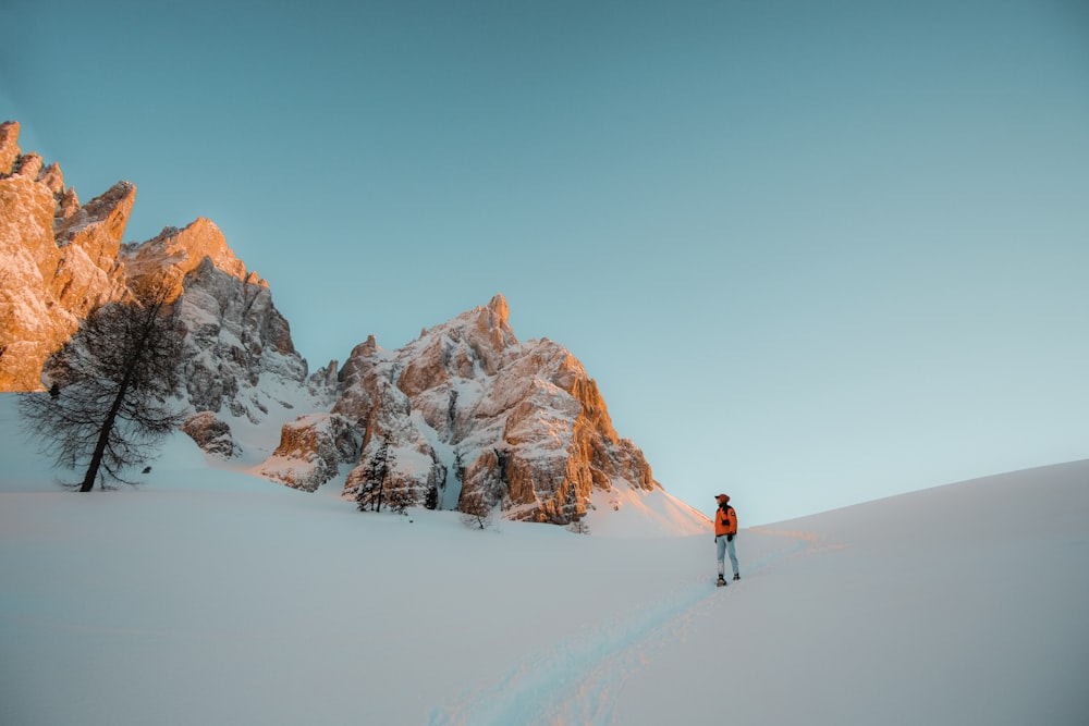 Persona in giacca rossa e jeans di jeans blu che cammina sul terreno coperto di neve durante il giorno