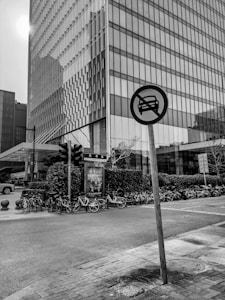 A black and white cityscape with a modern glass building towering above. The foreground features a street sign prohibiting cars, a row of parked bicycles, and a traffic light. The overall setting is urban and orderly, reflecting an organized city environment.