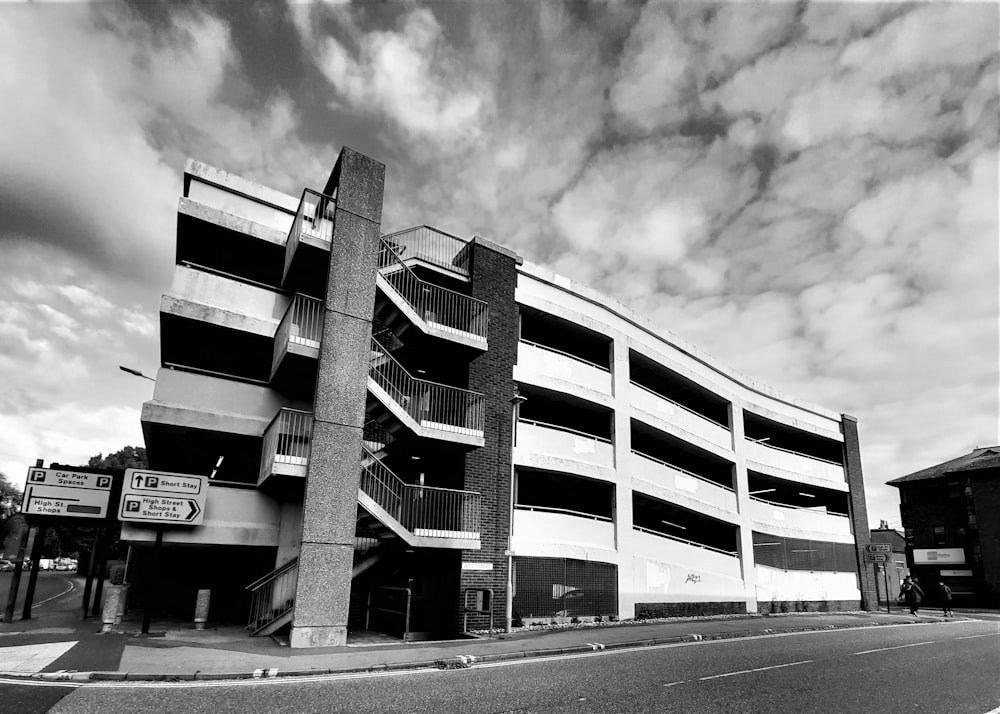 grayscale photo of concrete building