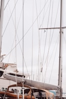 A close-up view of a modern sailing yacht featuring an array of thin, vertical and diagonal ropes and masts. The deck area is partially visible with smooth, wooden detailing, and the sky above is overcast with a light gray tone.