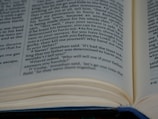 An open book lays on a surface, with visible text printed on the pages. The focus is on a passage with a conversation involving characters discussing matters of loyalty and safety. The text is organized in columns and includes dialogue marked by quotation marks.