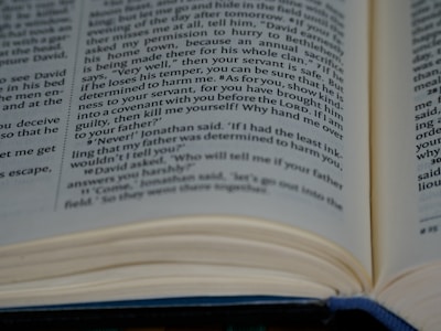 An open book lays on a surface, with visible text printed on the pages. The focus is on a passage with a conversation involving characters discussing matters of loyalty and safety. The text is organized in columns and includes dialogue marked by quotation marks.