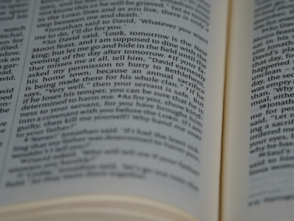 Two open pages of a book with text in focus. The text is in English and the pages have a slight curve, indicating the book is open and laying flat.