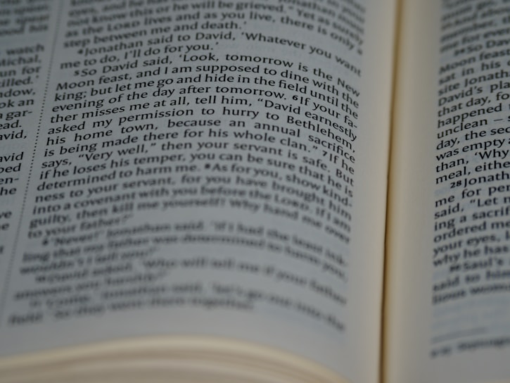 Two open pages of a book with text in focus. The text is in English and the pages have a slight curve, indicating the book is open and laying flat.
