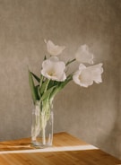 A minimalist glass vase holding fresh white tulips on a sunlit wooden table.