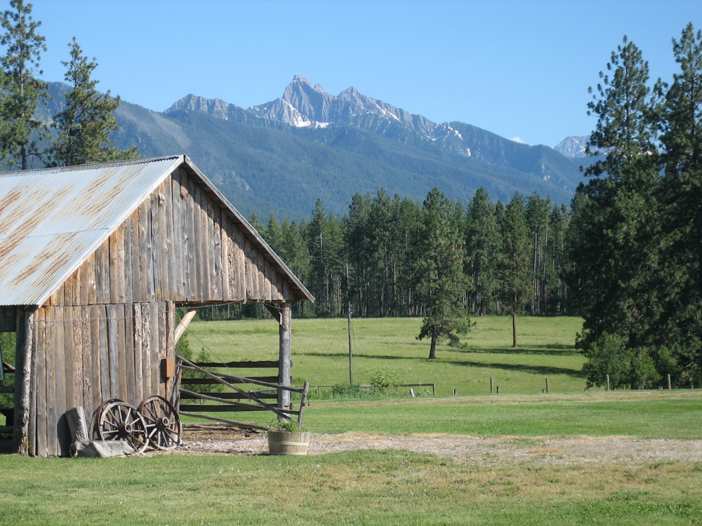 brown wooden house near green trees and mountain during daytime