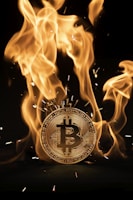 A Bitcoin coin engulfed in bright orange and yellow flames with sparks flying off. The fire creates a striking contrast against the dark background.