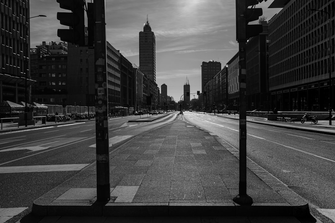 grayscale photo of city buildings