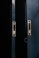 Two metal doors with a dark, weathered texture are slightly ajar, revealing a narrow gap of darkness between them. The doors have metallic slots and screws, suggesting they may belong to a cabinet or a locker.