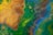 An abstract fluid art painting featuring swirling patterns and shapes with a mix of vibrant colors like green, blue, yellow, and brown. The textures and fluid dynamics create a sense of movement across the canvas, with overlapping layers resembling natural formations or cellular structures.