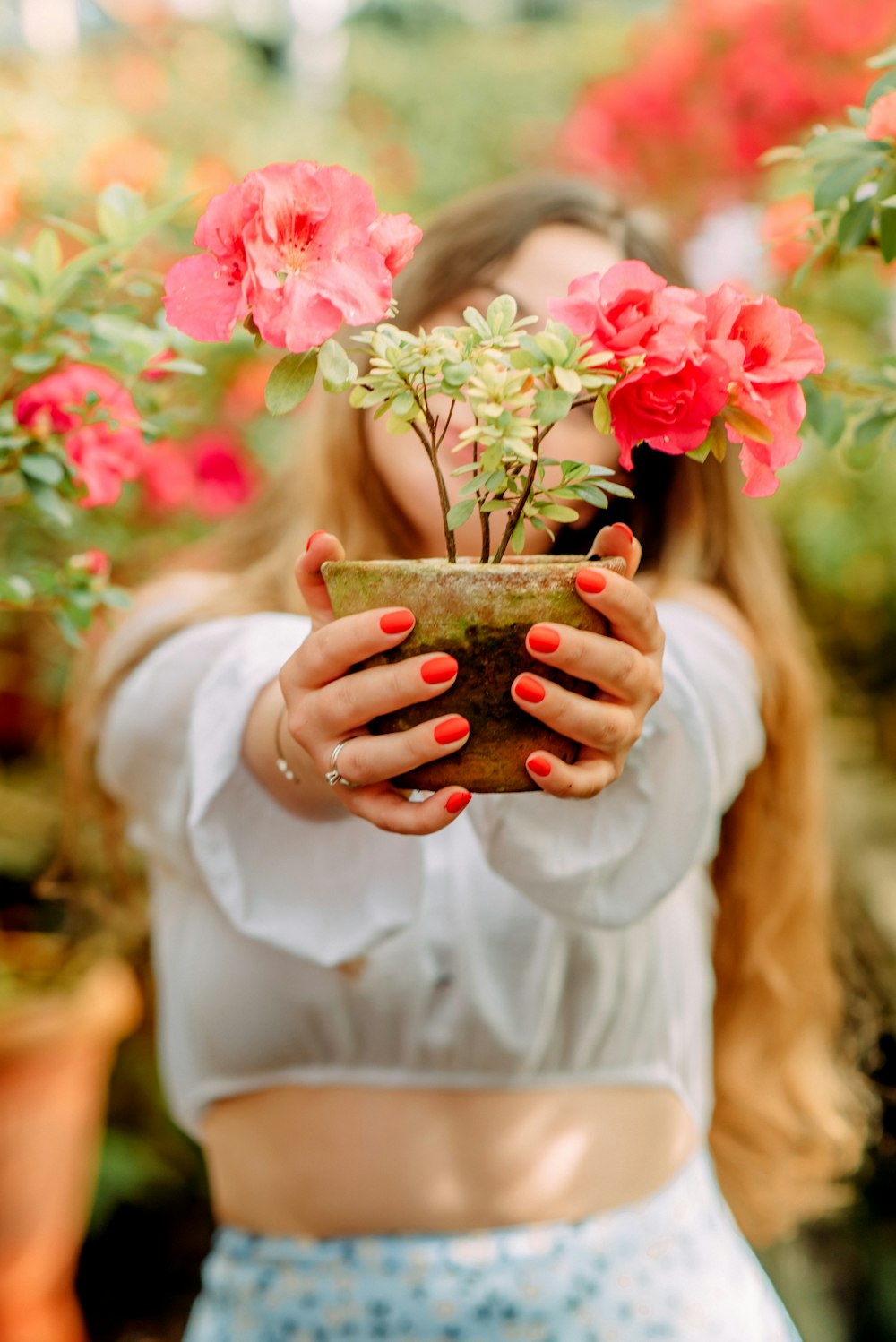 woman in white long sleeve shirt holding pink rose bouquet