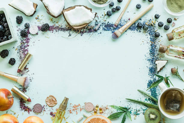 A vibrant flat lay of natural cosmetic products with fresh flowers and leaves on a wooden table.