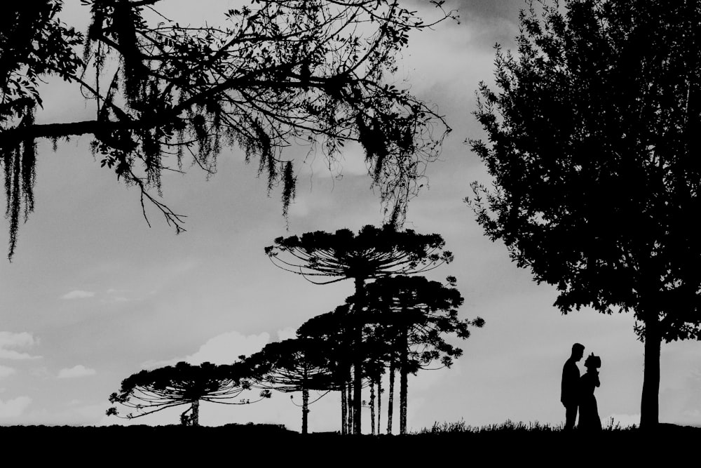 silhouette of man standing near tree during night time