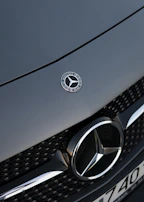 A close-up of the Mercedes-Benz emblem on the front grille of the black Vito minivan.