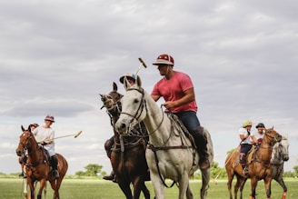 A group of people are playing polo on a grassy field. They are riding horses and holding mallets, wearing helmets for protection. The sky is overcast, creating a subdued atmosphere.