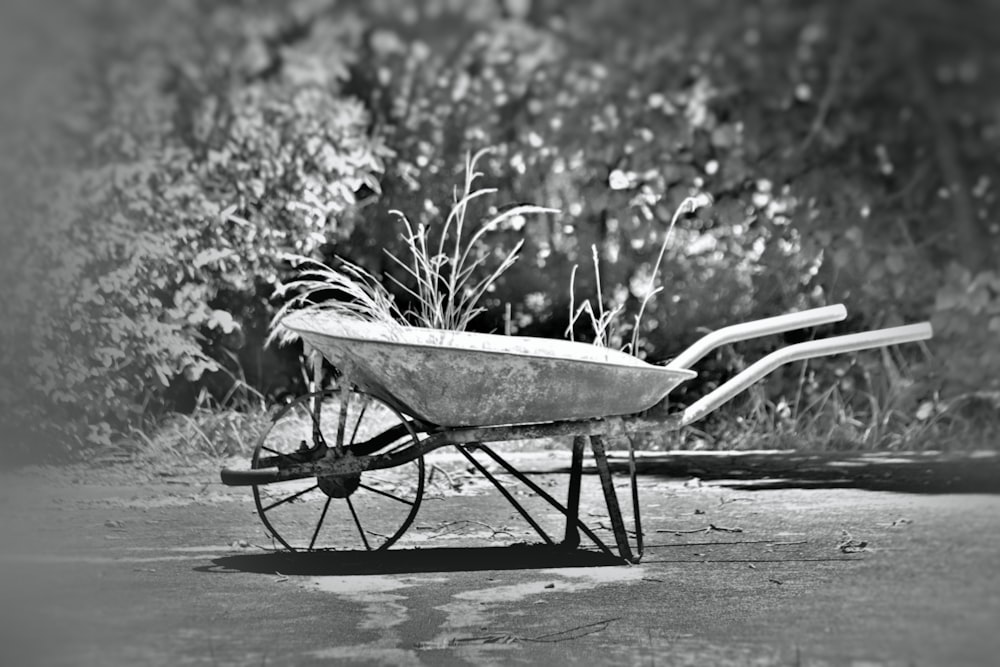 a wheelbarrow is sitting on the side of the road