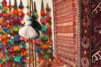 A close-up of intricate wall hangings adding character to a room.