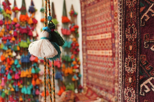 A close-up of intricate wall hangings adding character to a room.