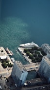 An aerial view of a bustling harbor area.