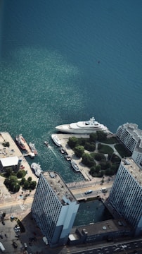 An aerial view of a bustling harbor area.