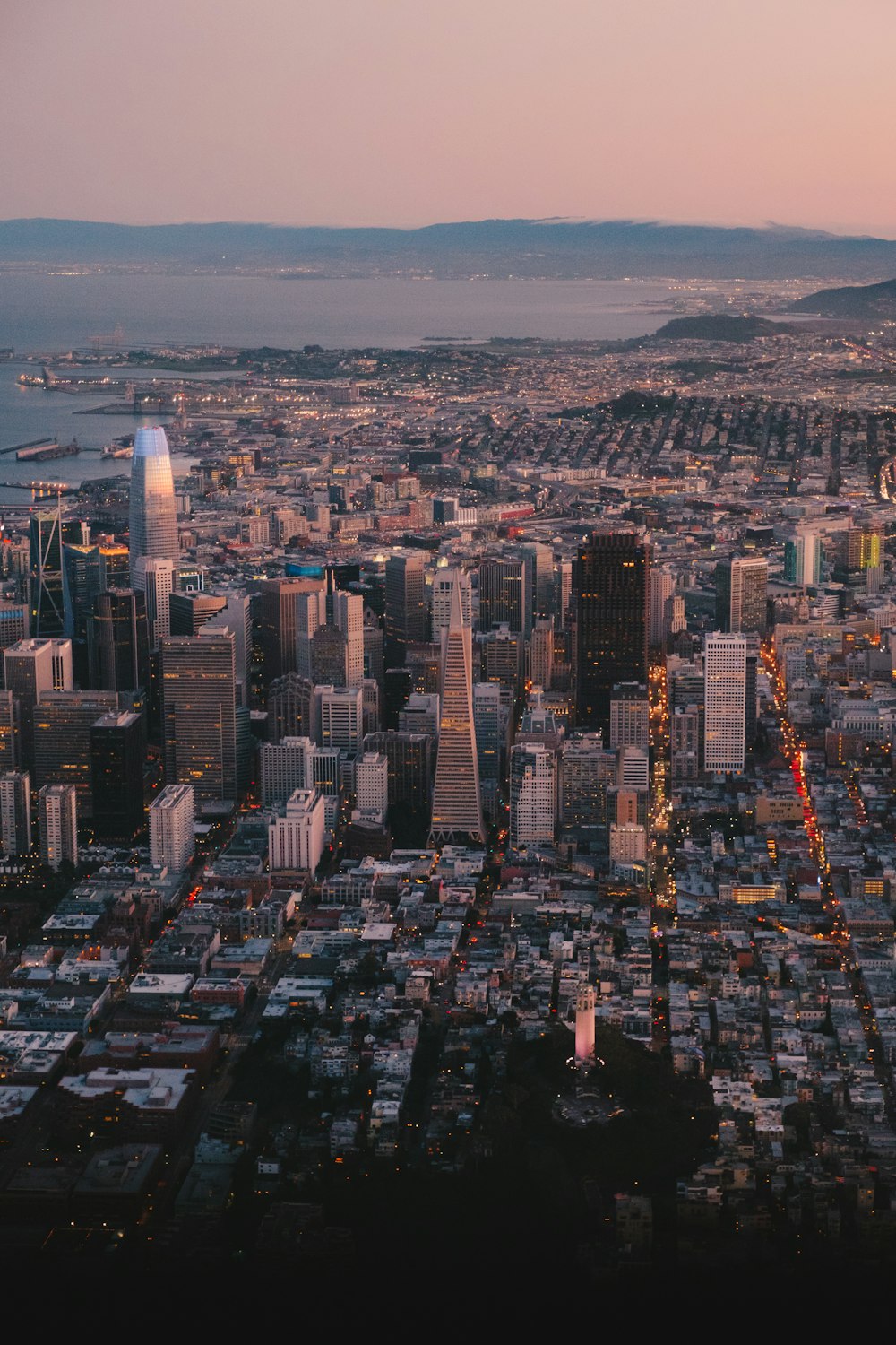 aerial view of city buildings during night time