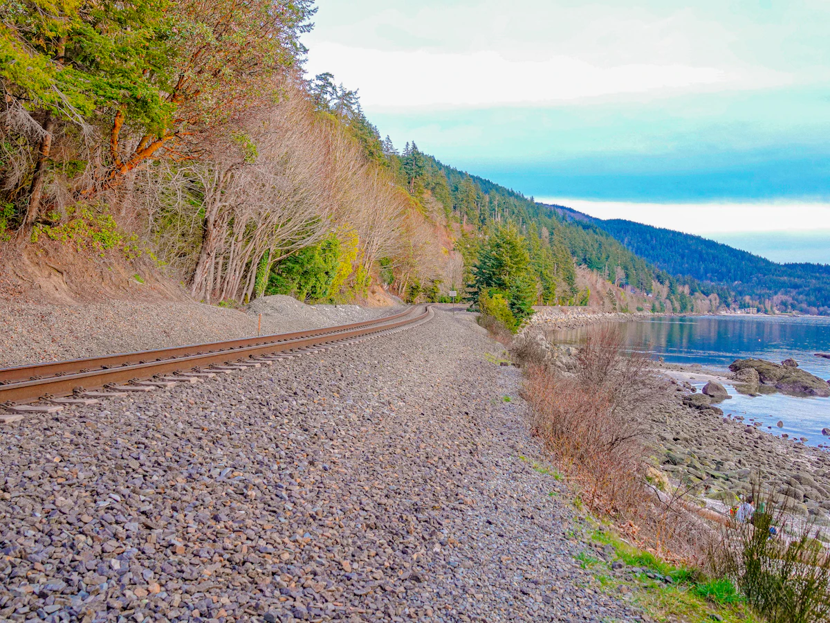 A rail line on the rocky shore at Bellingham, under steep forested hills