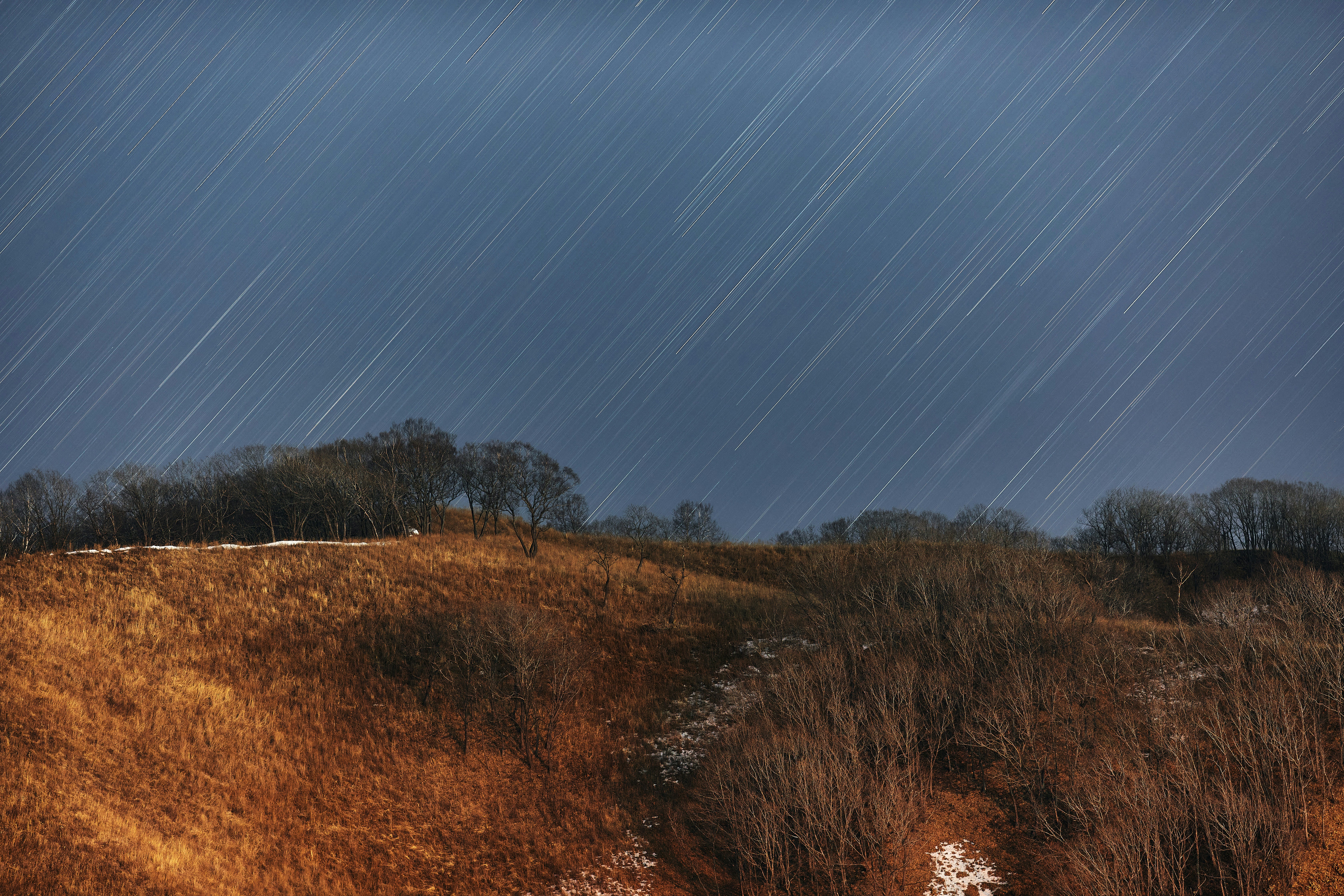 Star trails in the sky over a mountain overgrown with an oak forest, Russia, Primorsky Krai, Zolotaya Dolina. Stylish background with star tracks, mountain and forest for website, twitter, instagram, social or news media