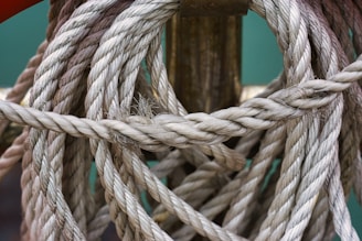 Close-up of tangled and fraying ropes intertwined around a wooden post. The fibers of the ropes are visibly coarse and slightly worn, suggesting robust use. The green background provides a subtle contrast against the beige and light brown tones of the ropes.