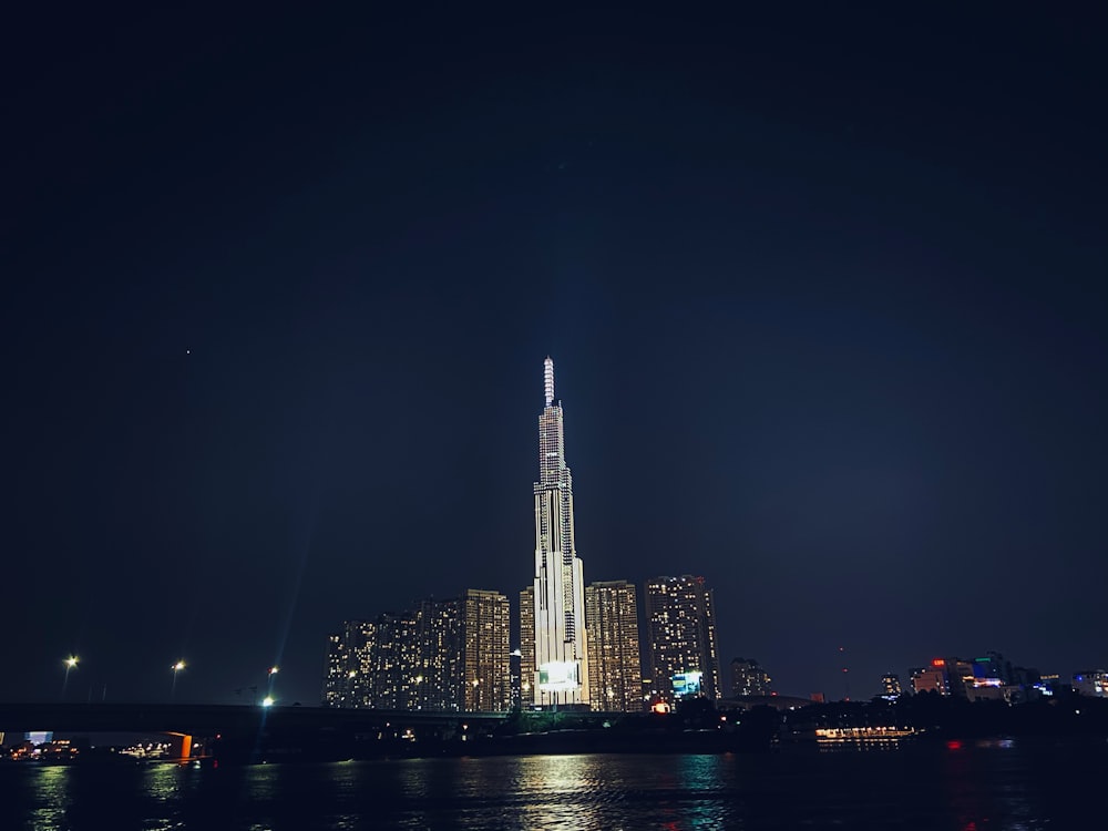 city skyline during night time