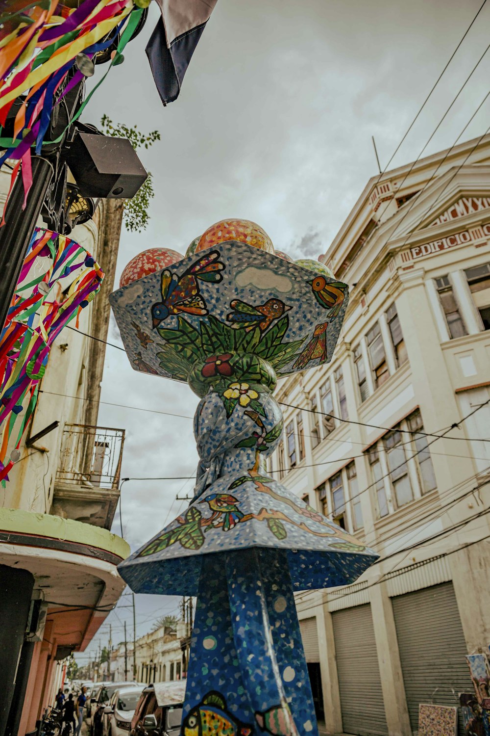 red and blue floral umbrella