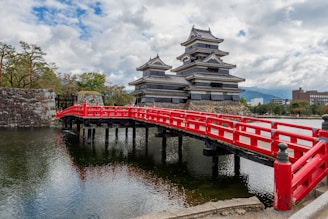 red and white wooden bridge over river