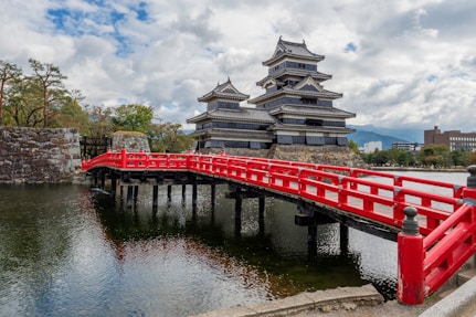 red and white wooden bridge over river