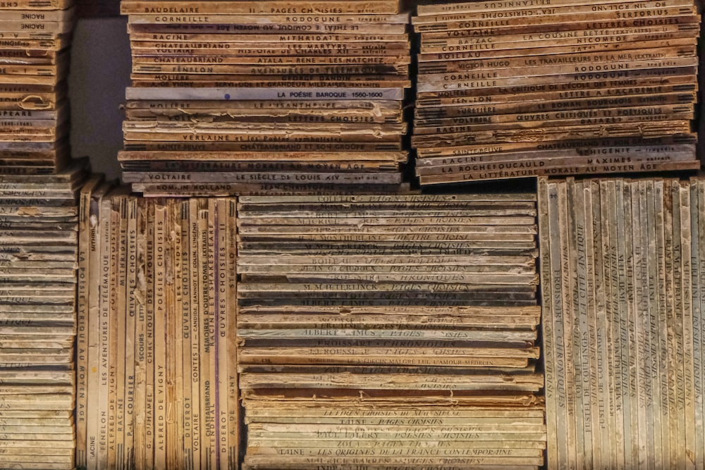 brown and black books on brown wooden shelf