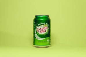 A green can of Canada Dry ginger ale is positioned against a matching pale green background. The can features branding and details such as 'Made with 100% Natural Flavors' and specifies the product type as ginger ale.